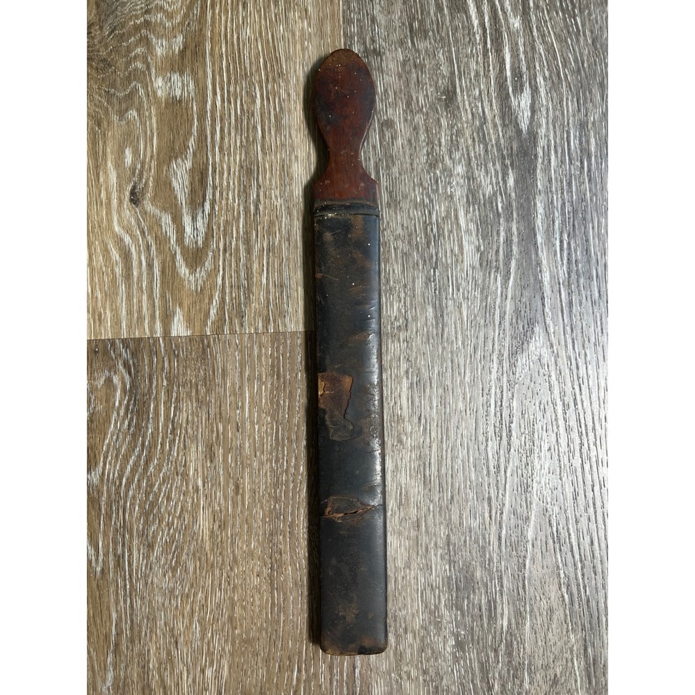 1800's‎ Antique Razor Strop Barber Tool Brown Leather Wood Handle Primitive